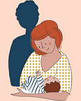 Illustration d'une maman souriante allaitant son bébé avec un parent en arrière-plan