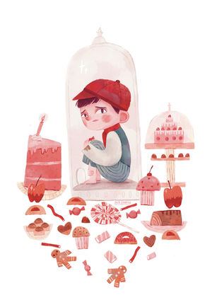 A kid, Hansel, is surrounded by a lot of delicious desserts, cakes, biscuits, gingerbread men...
He is trapped in a giant glass cake stand. Ana Eguaras Illustration