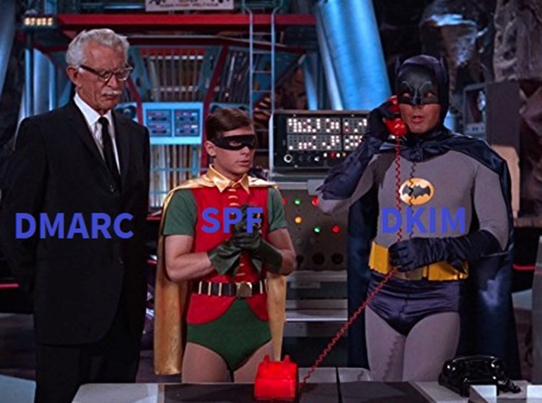 1960s Batman, Robin, and Alfred answering the phone in a secret datacenter, labelled appropriately