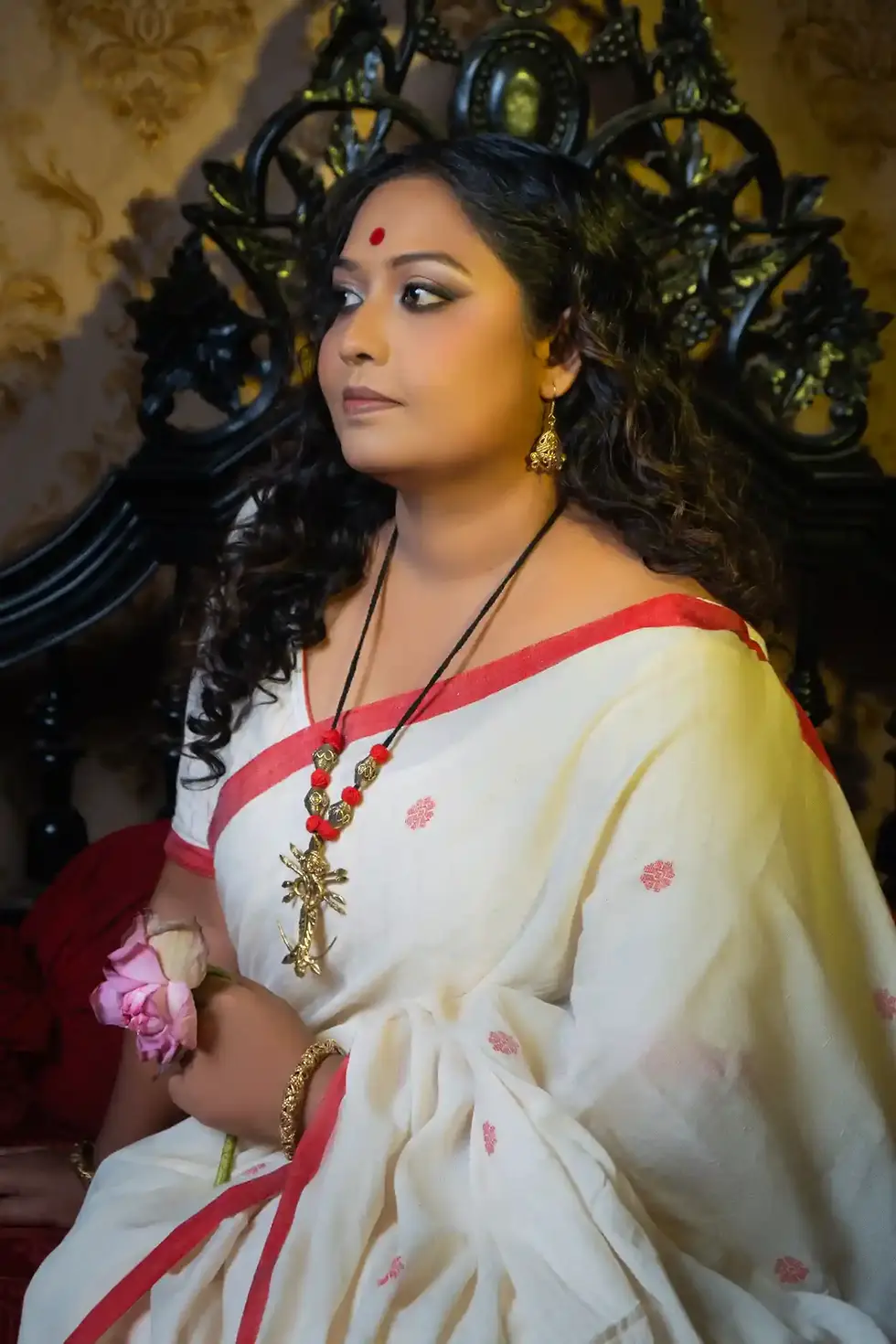 Thumbnail: Bengali Durga Puja Look - Handloom khadi cotton red white sarei Dokra Jewelry