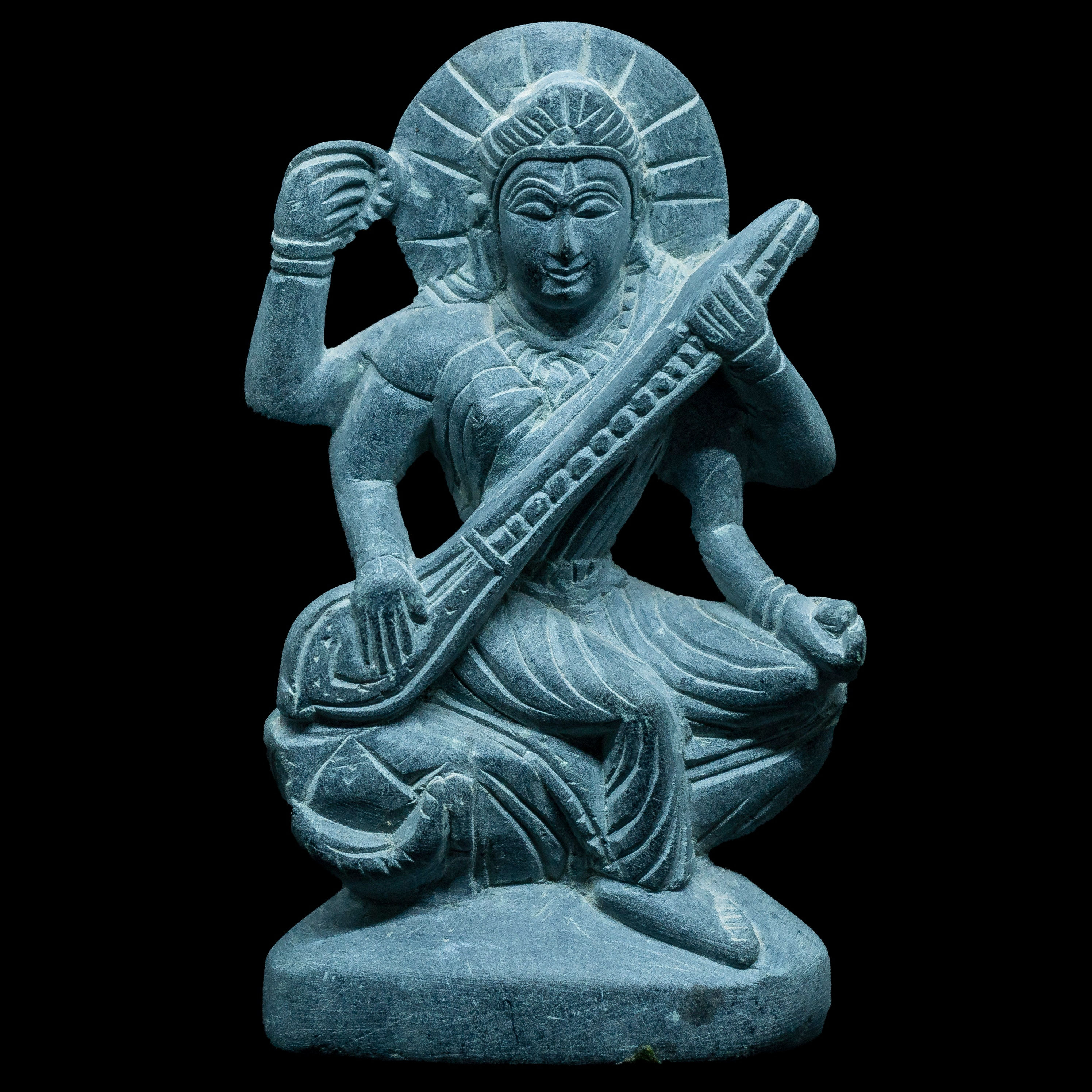 Beautiful Saraswati murti: Stone sculpture of Hindu Goddess of music