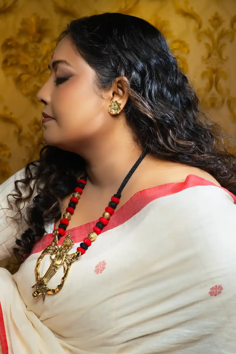 Thumbnail: Bengali Durga Puja Look - Handloom khadi cotton red white sarei Dokra Jewelry