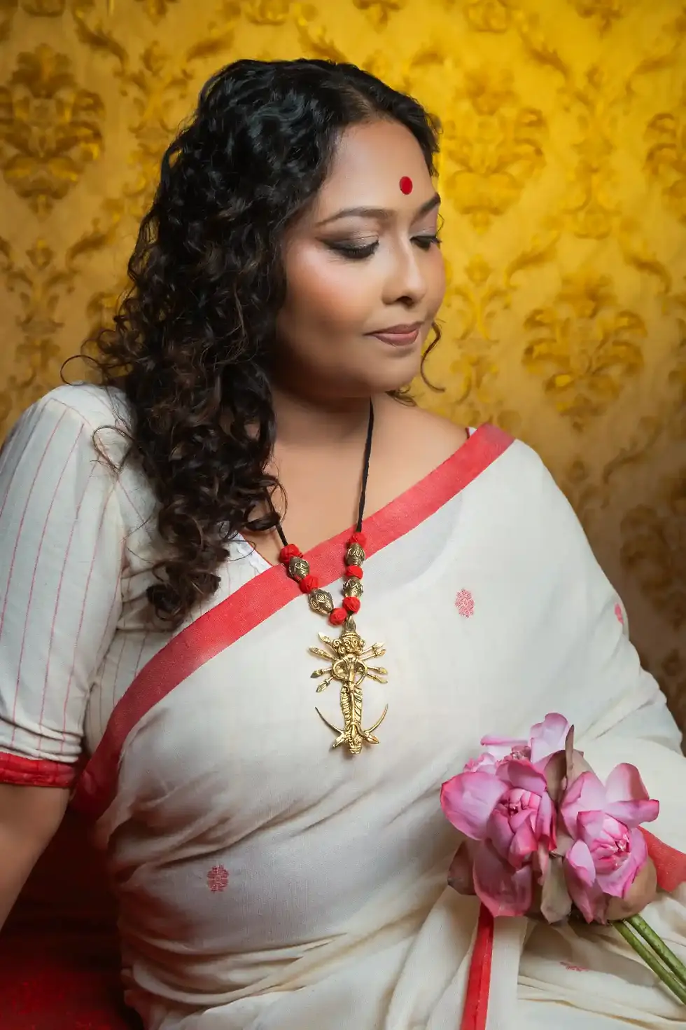 Thumbnail: Bengali Durga Puja Look - Handloom khadi cotton red white sarei Dokra Jewelry