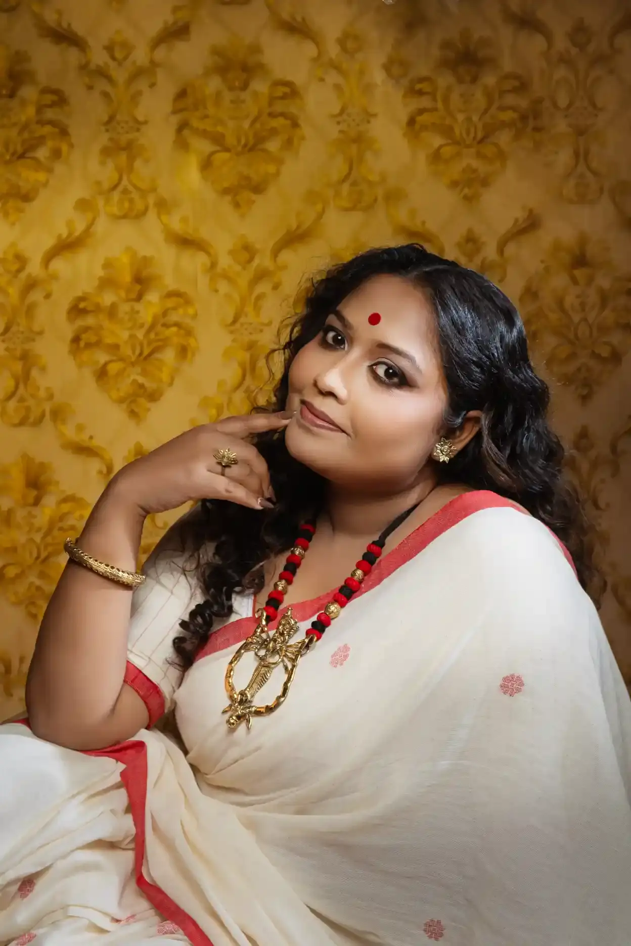 Bengali Durga Puja Look - Handloom khadi cotton red white sarei Dokra Jewelry