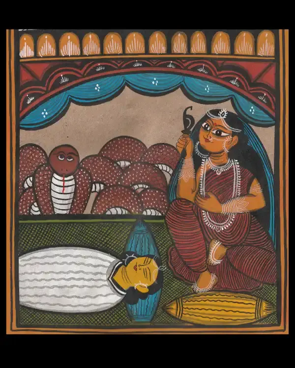 Thumbnail: Hindu Snake Goddess Maa Manasa & Behula Pattachitra - Indian Folk Art Painting 