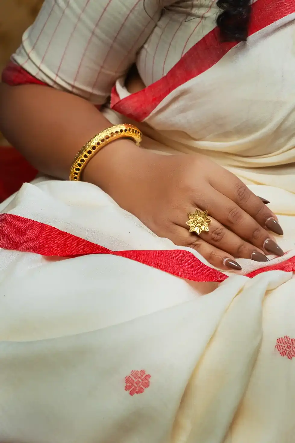 Thumbnail: Bengali Durga Puja Look - Handloom khadi cotton red white sarei Dokra Jewelry