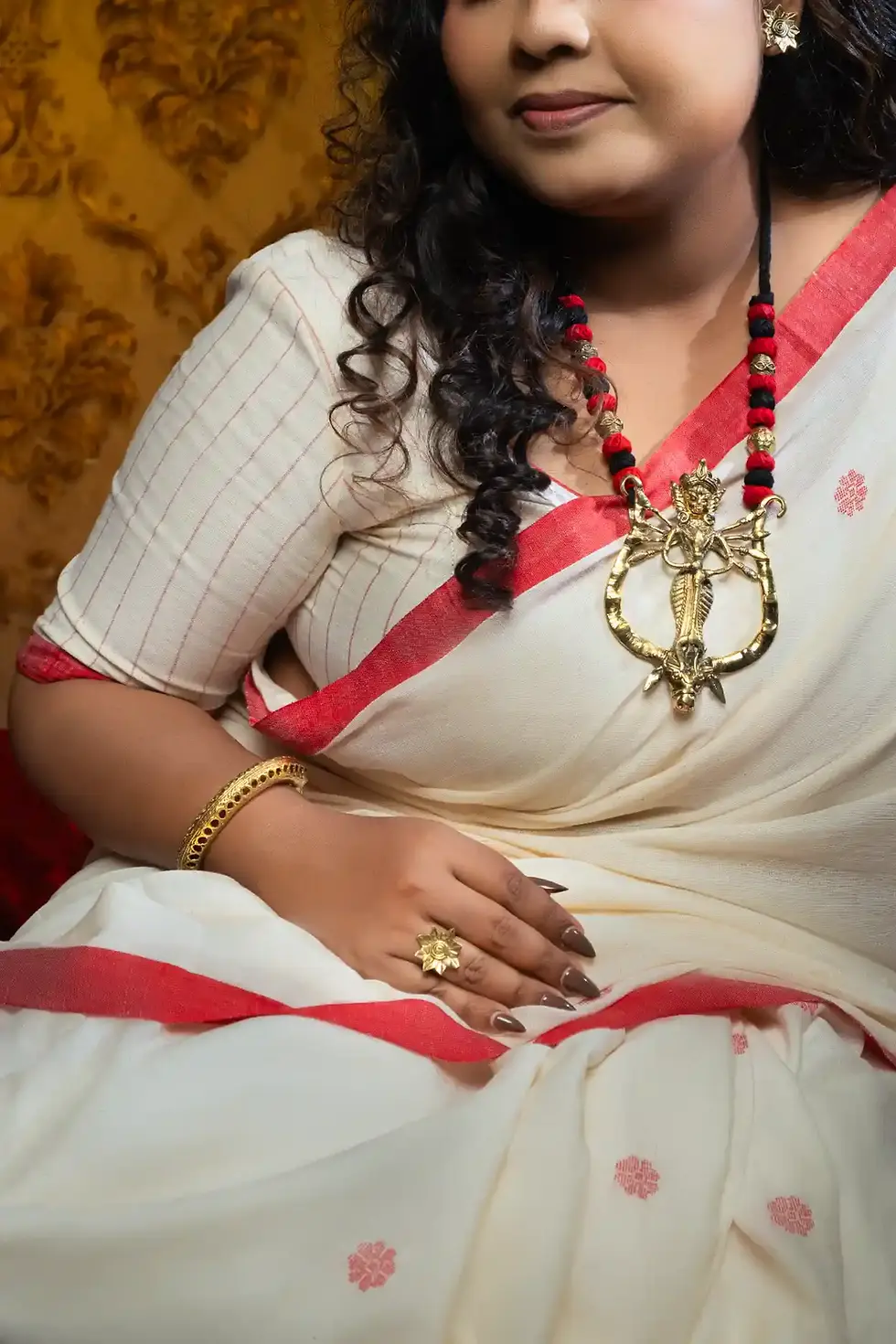 Thumbnail: Bengali Durga Puja Look - Handloom khadi cotton red white sarei Dokra Jewelry