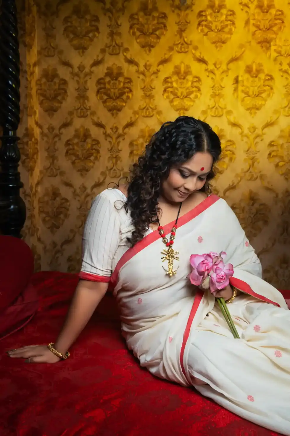Thumbnail: Bengali Durga Puja Look - Handloom khadi cotton red white sarei Dokra Jewelry