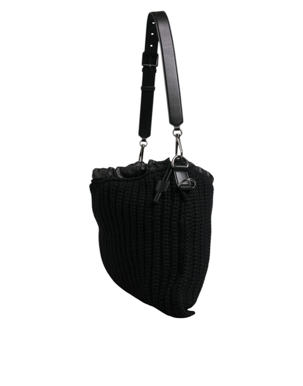 Thumbnail: Black Cashmere Knitted Leather Shoulder Bag