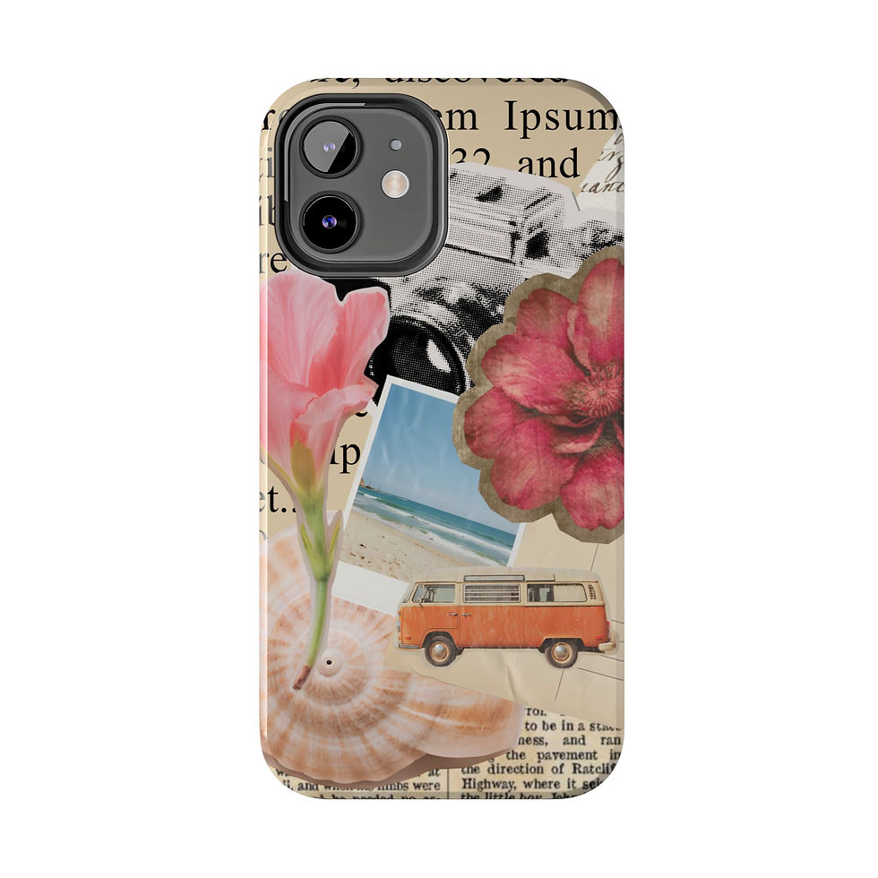 Thumbnail: Travel Vintage Beach Camera Polaroid Collage with Van, Shells & Flowers