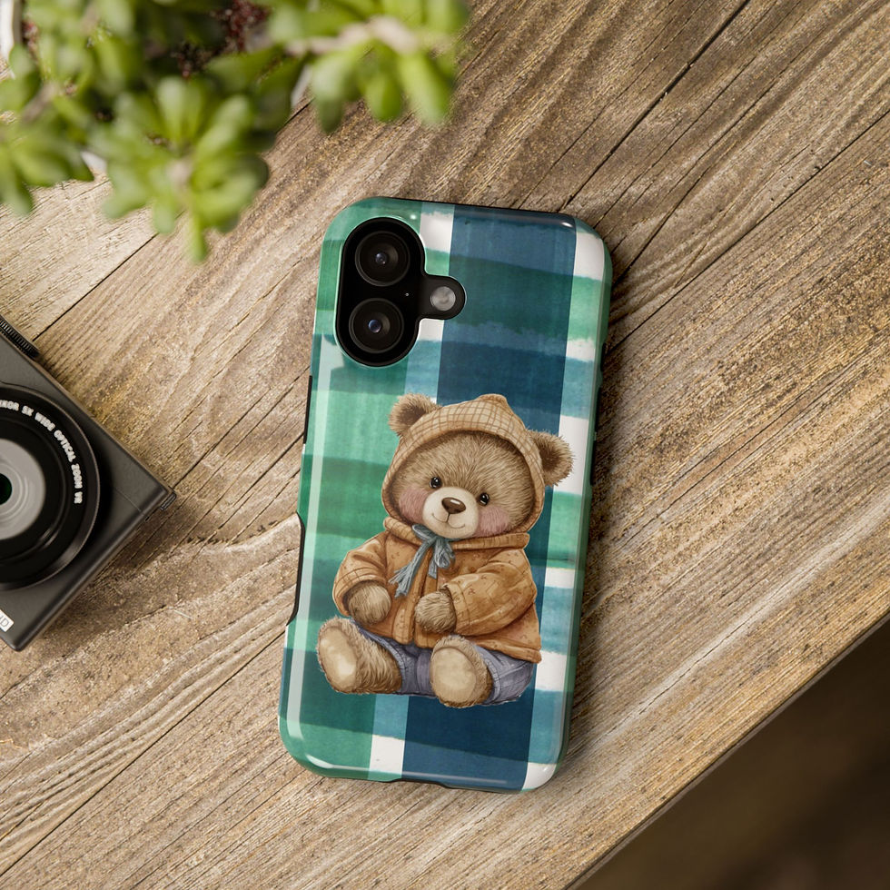 Thumbnail: Cute Teddy Bear Plaid Phone Case — Impact-Resistant iPhone Cover