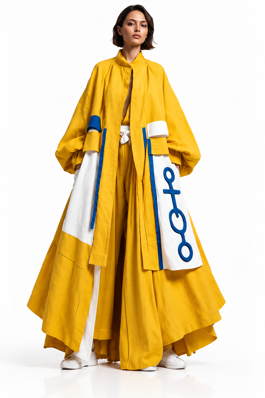 Sevada Santi / Agat / Mustard Sculptural Coat with Cobalt & Ivory Panels / 12