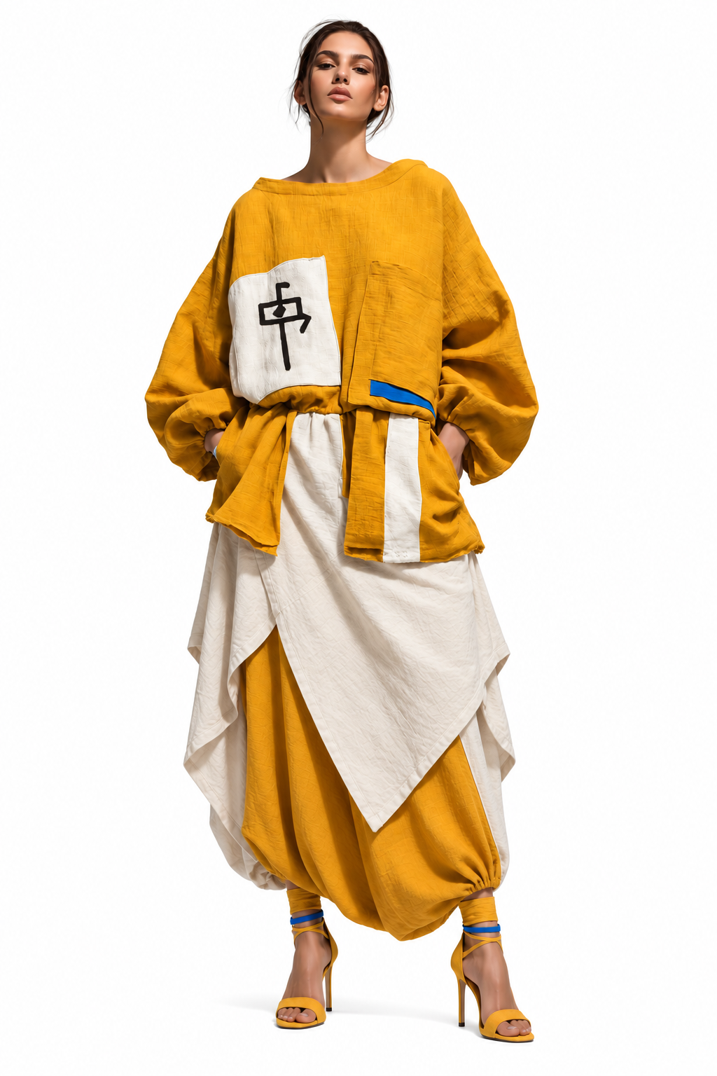 Sevada Santi / Agat / Sculptural Mustard & Ivory Draped Set / 18