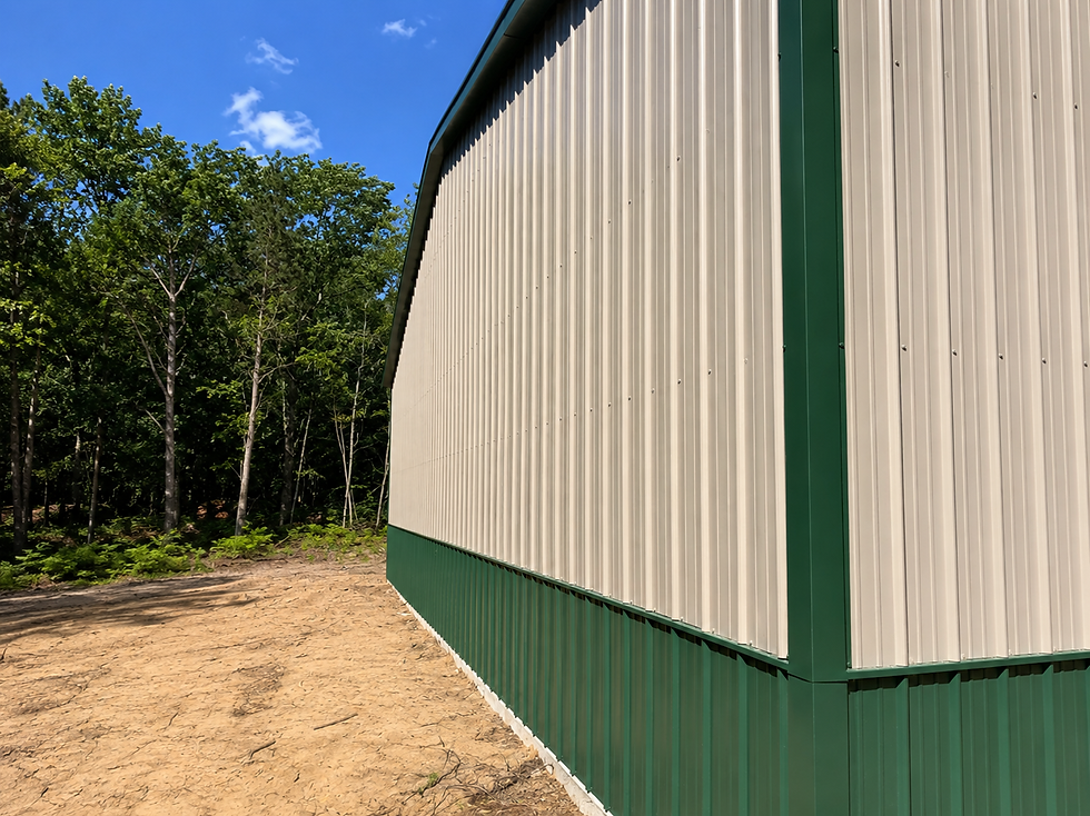 Close view of a metal building with vertical siding
