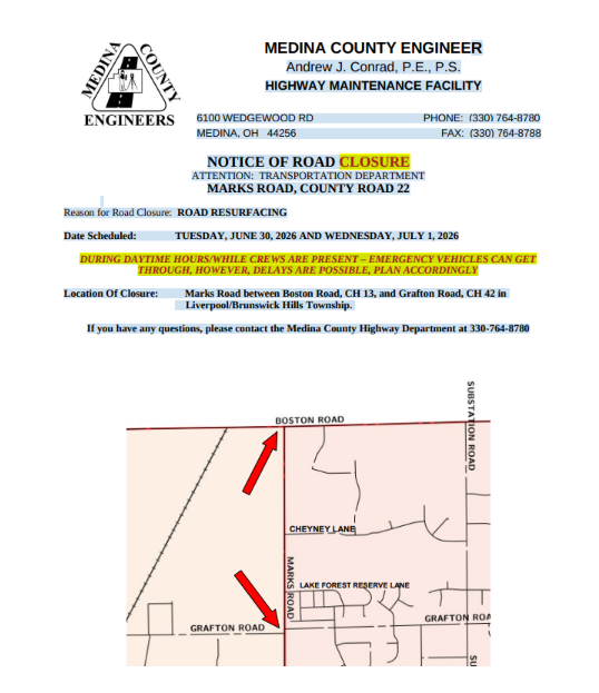 Public Notice: Road Closure Marks Road, July 7th & 8th, b/w Boston Rd. & Grafton Rd. for road resurfacing
