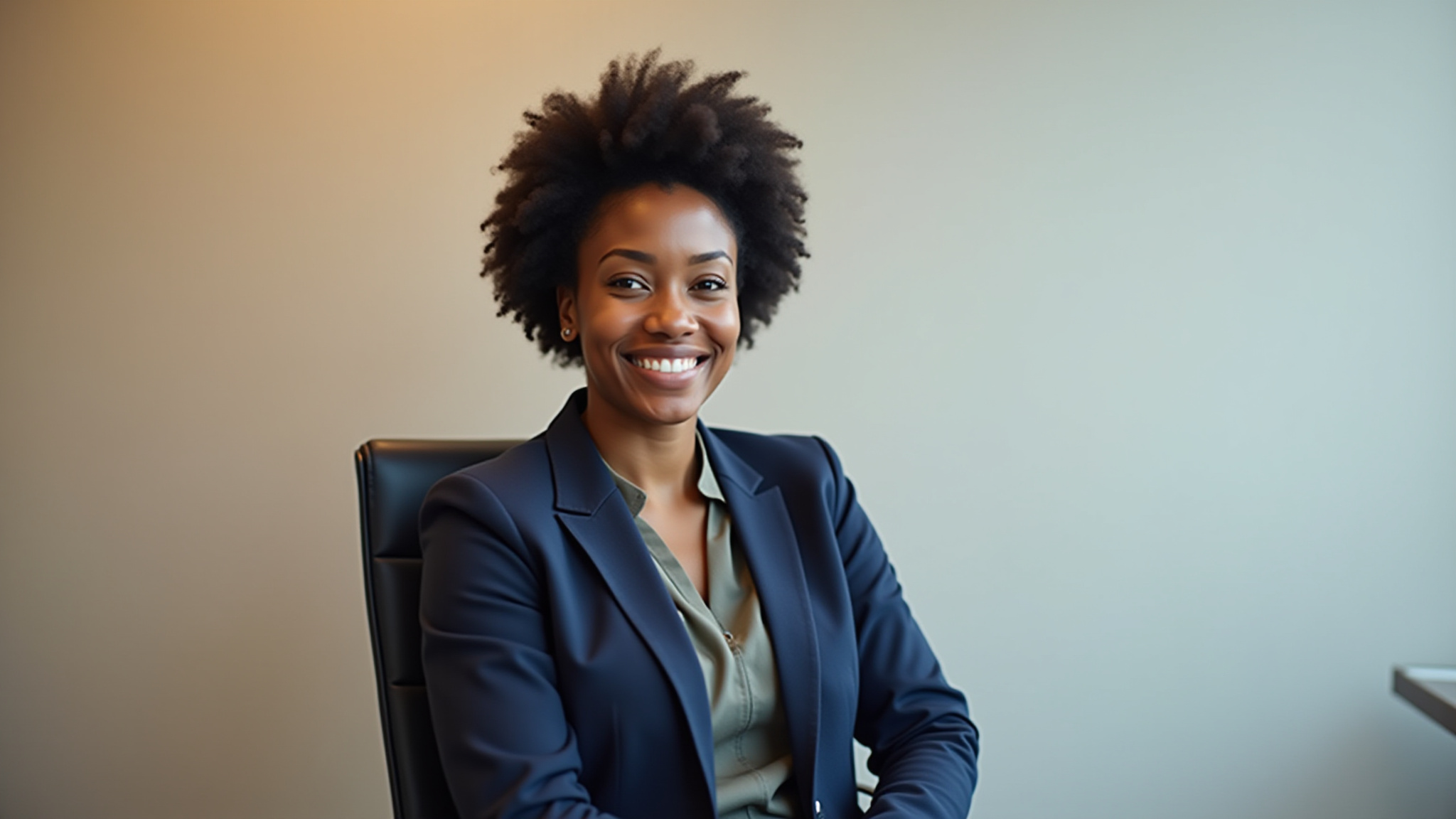 A smiling woman in a suit sits in an office chair.