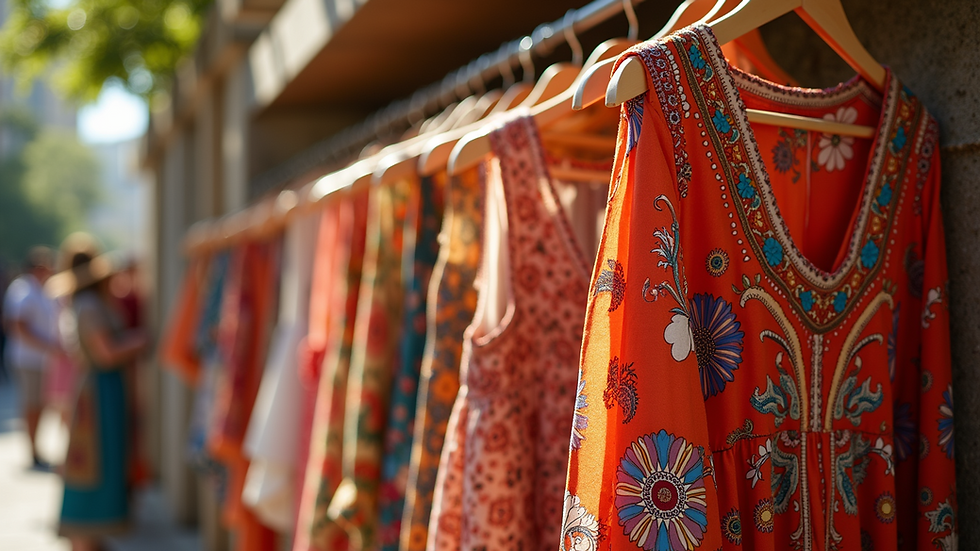 High angle view of a vibrant display featuring Free People’s bohemian-style dresses