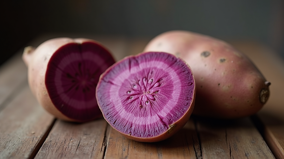 Eye-level view of a halved purple sweet potato on a rustic wooden table