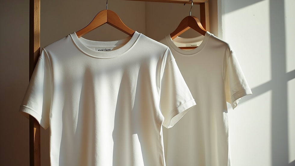 Eye-level view of a minimalist display showcasing Everlane's stylish basic tees