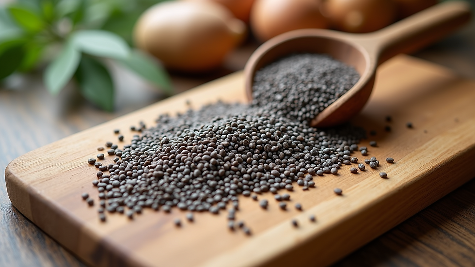 High angle view of chia seeds scattered on a wooden cutting board