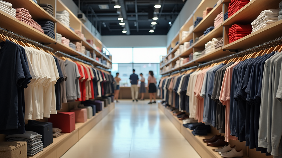 Eye-level view of a Uniqlo store showcasing neatly stacked casual wear