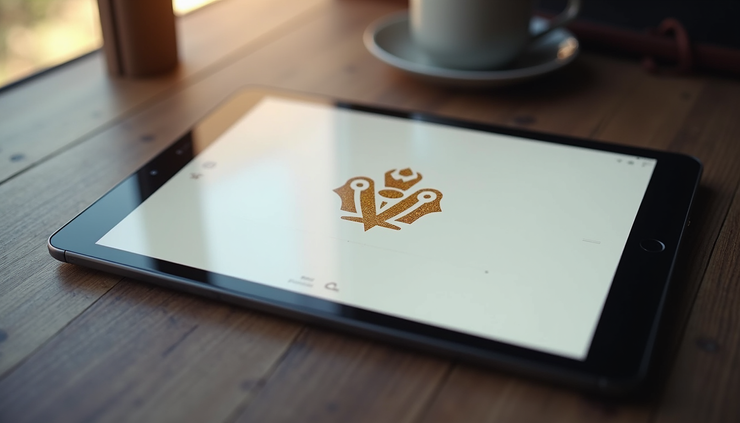 High angle view of a website homepage on a tablet with matching logo displayed