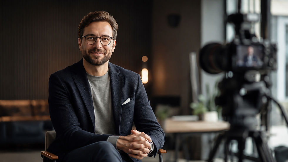 Ein Geschäftsmann am Video Portrait Filmset mit Blick in die Kamera