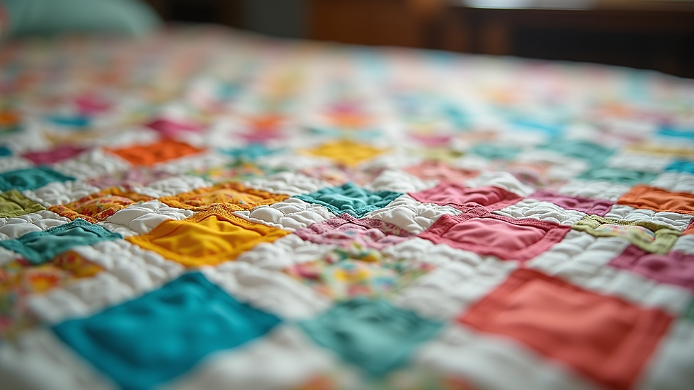 Close-up view of colorful patchwork quilt squares