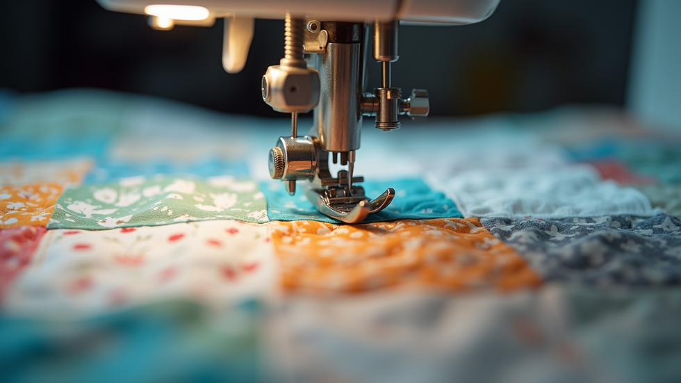 Close-up view of sewing machine stitching a quilt block