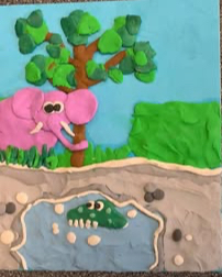 plasticine relief of elephant at watering hole. 