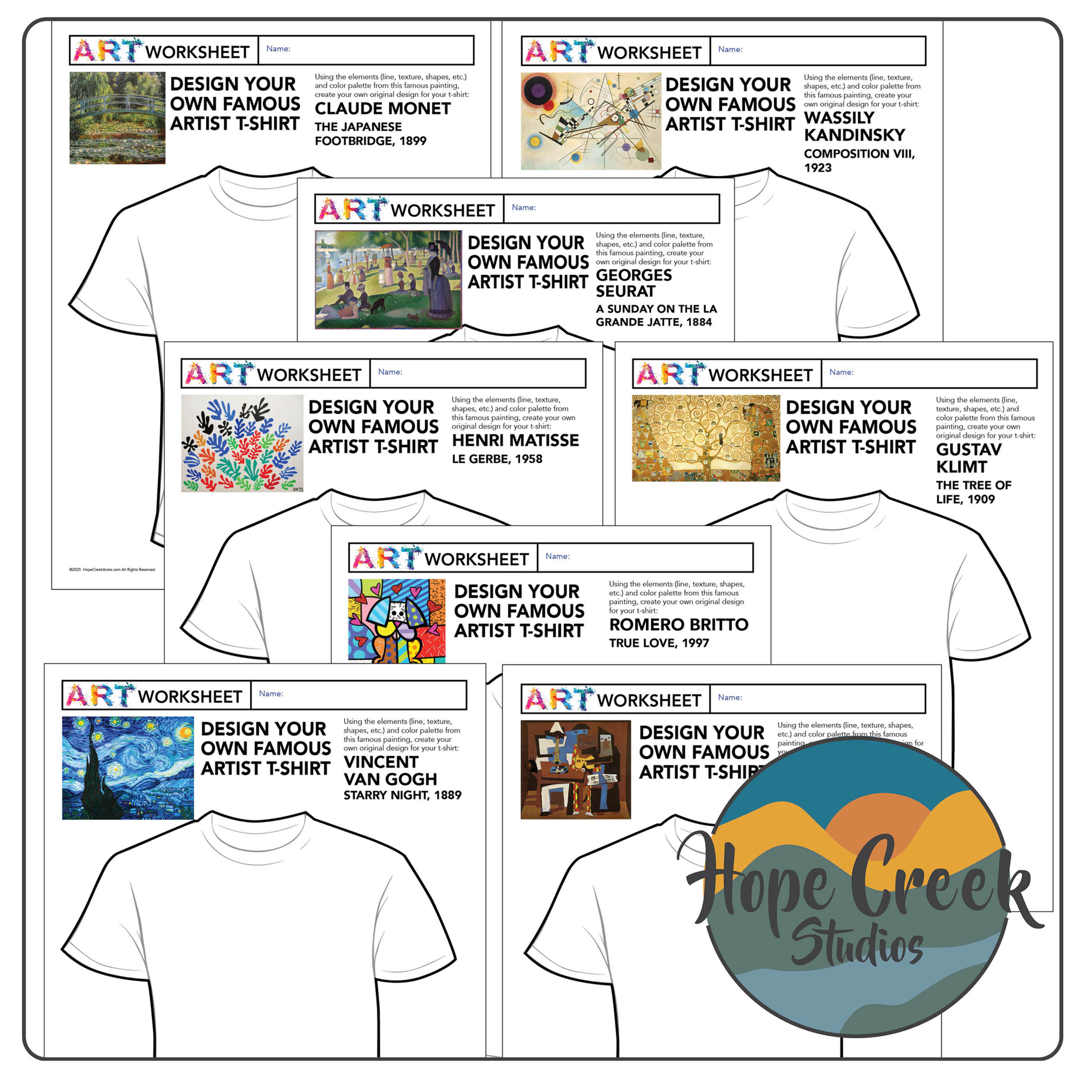 Art History Famous Artist Summer Design Your Own T-Shirt Activity Worksheets