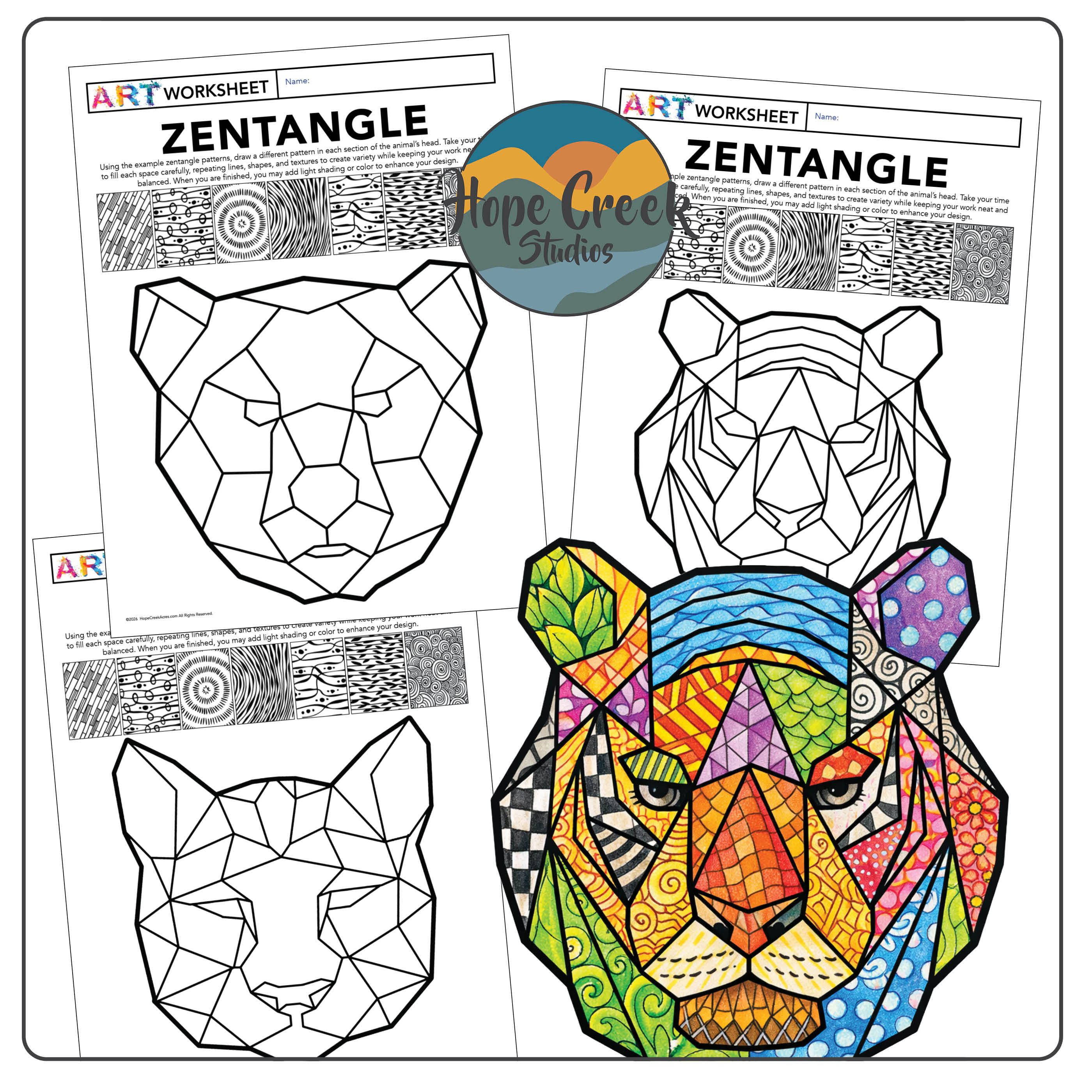 Art Drawing Textures & Pattern Zentangle Worksheets Lion Bear Mascot Activity