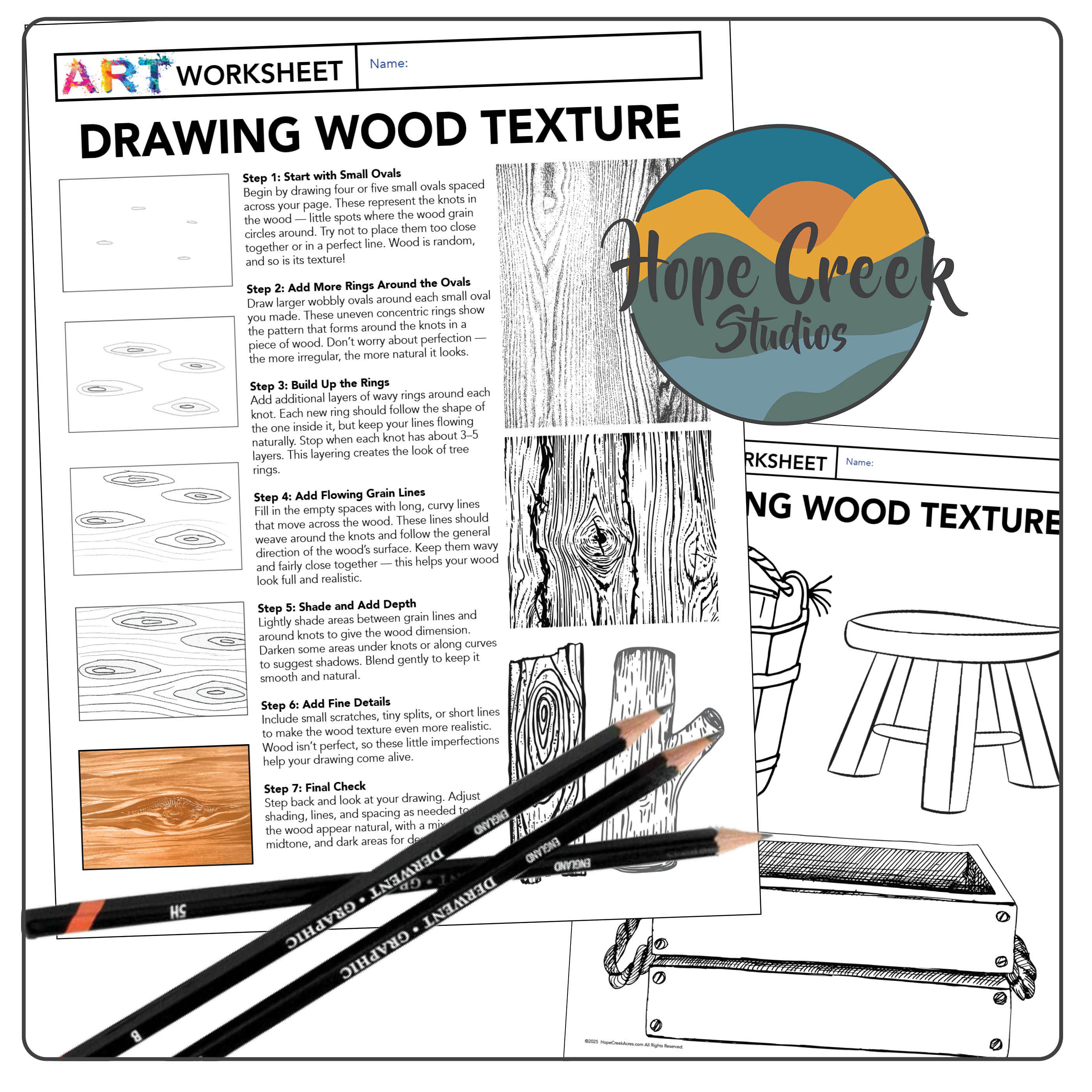 Wood Texture Art Drawing Practice Technique | Realistic Grain & Knots Worksheet