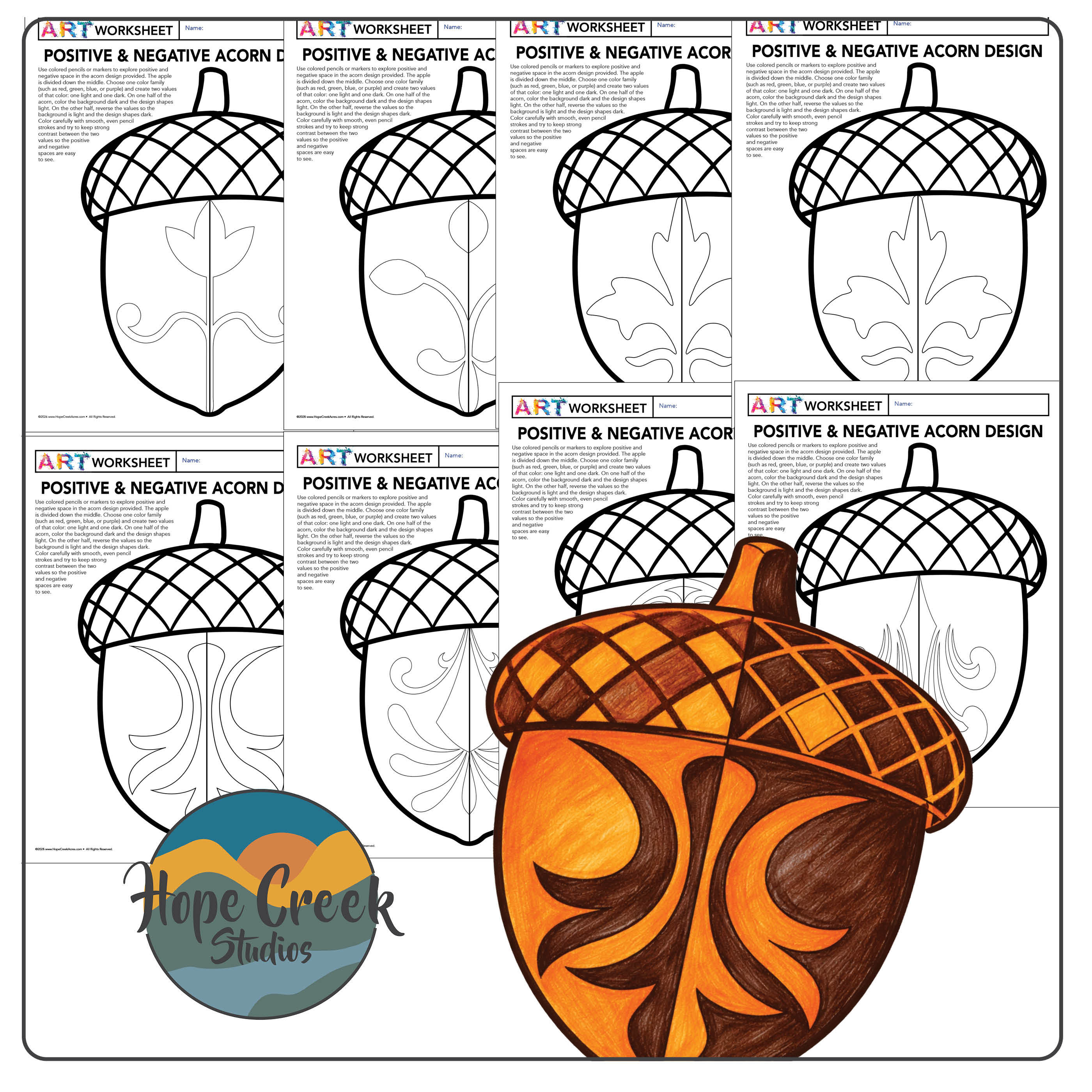 Notan Fall Acorn Coloring Worksheets | Positive & Negative Space Art Activity
