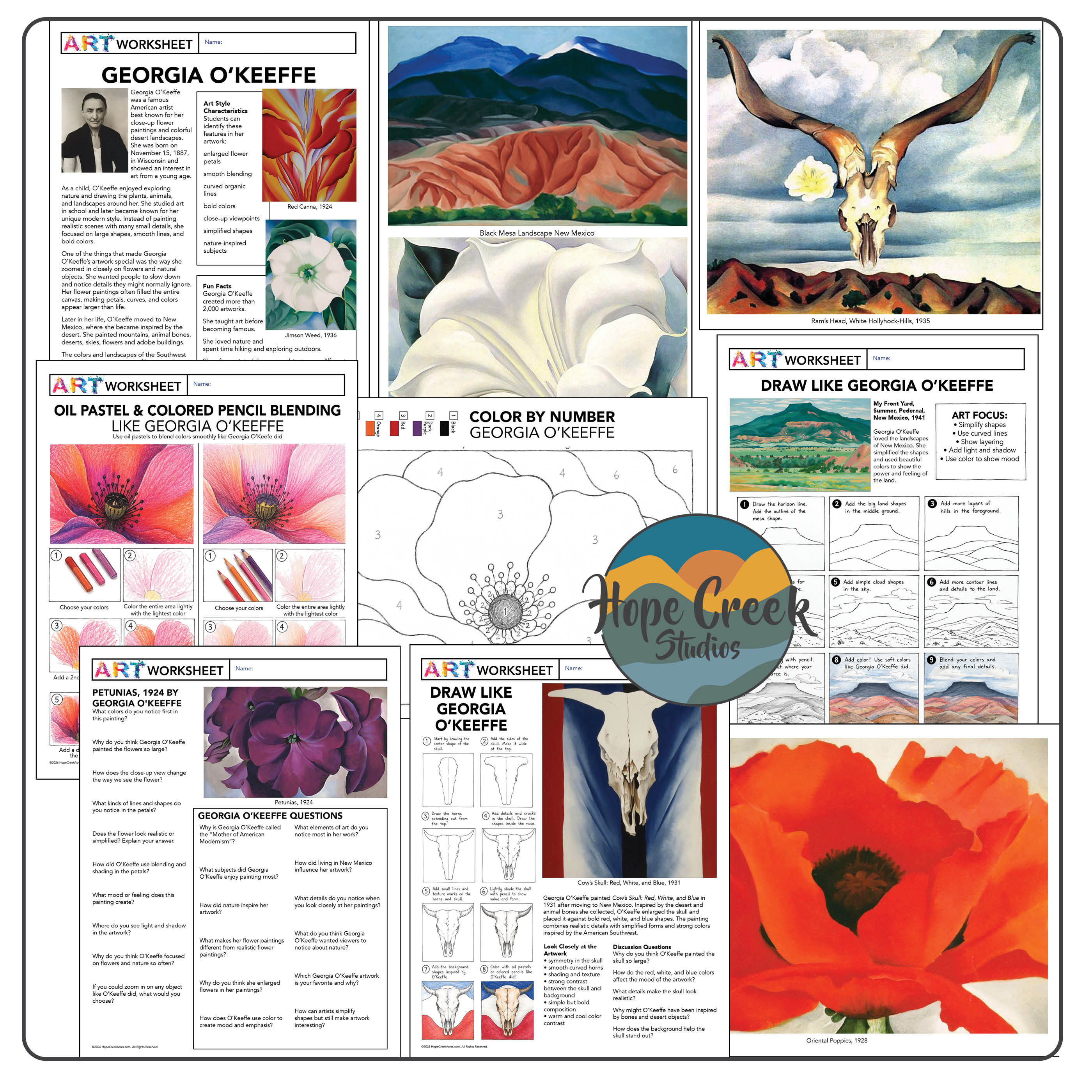 Georgia O’Keeffe Art Lesson Bundle | Drawing, Coloring & Art History Activities