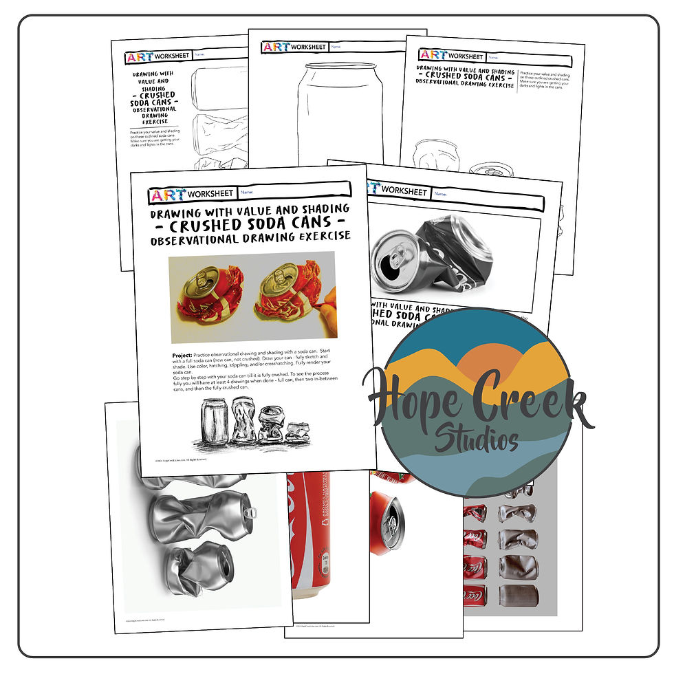 Art Observational Drawing Shading Tone Value Tint Crushed Soda Pop Can Worksheet