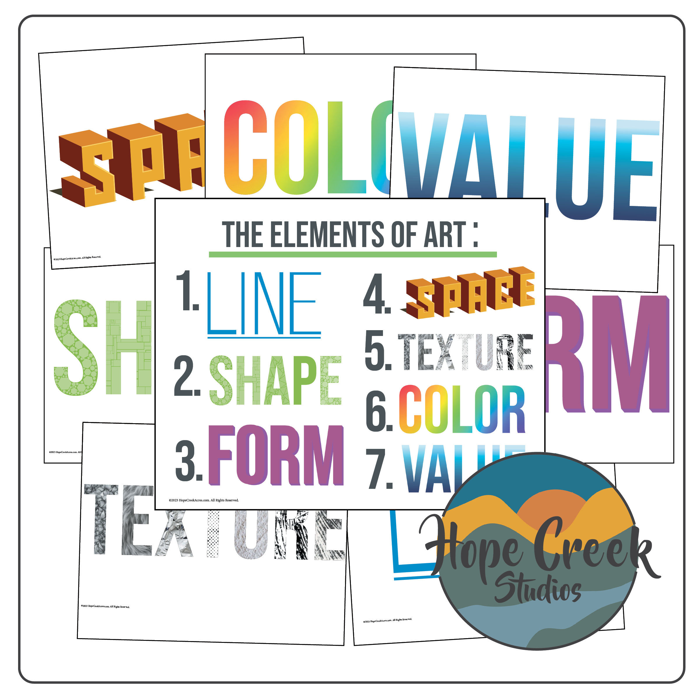 7 Elements of Art Design — Posters Word Examples Drawing line color value form