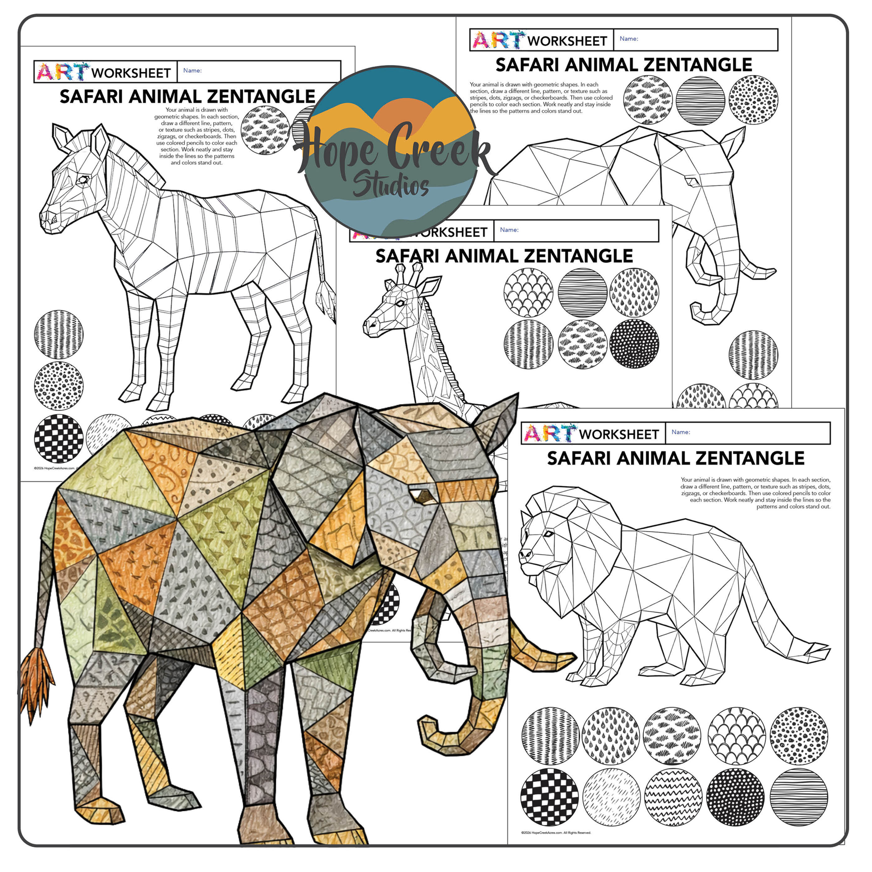 Safari Animals Zentangle Coloring | Elephant Lion Zebra Giraffe Pattern Texture