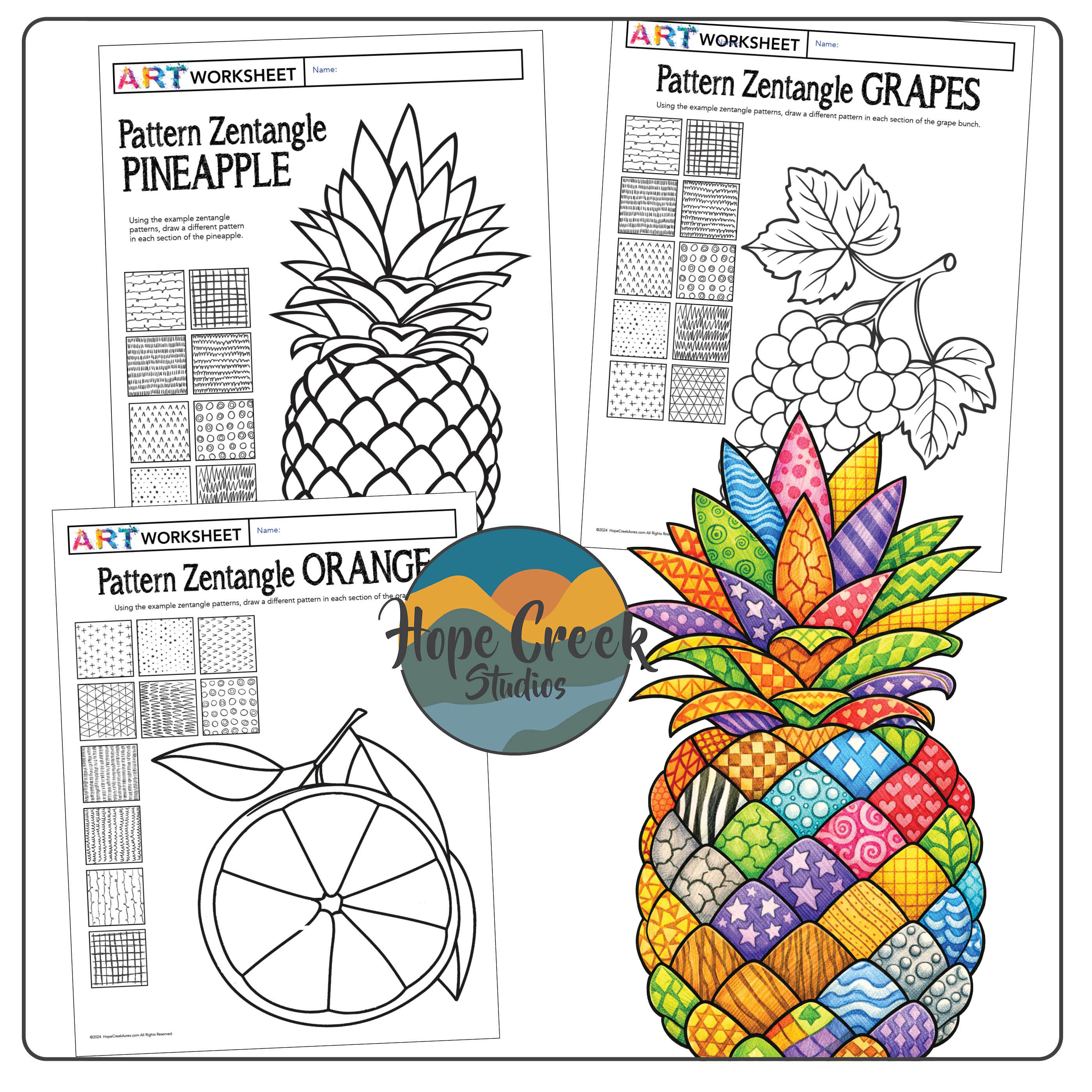 Art Pattern Texture Zentangle Drawing Pineapple Grapes Orange Fruit Worksheet