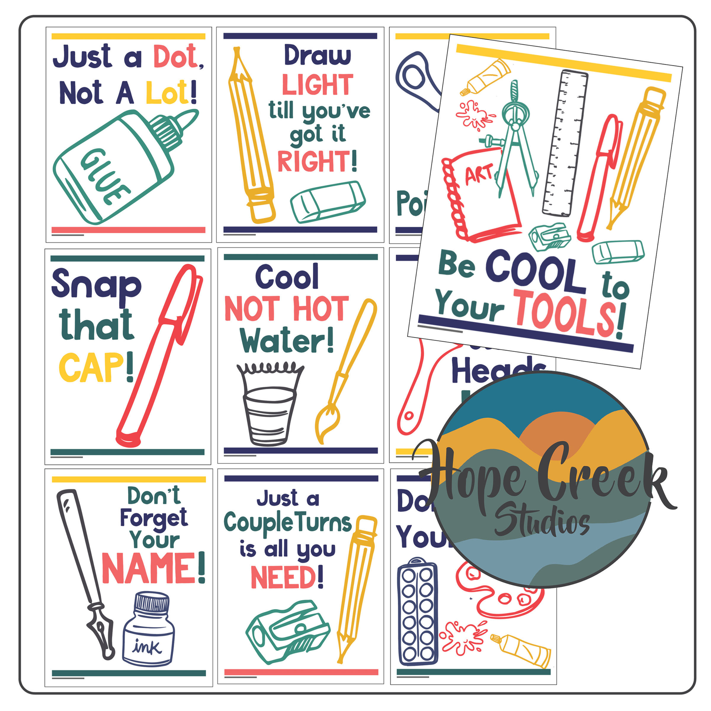 Art Room Classroom Supplies Tools Brushes Pencils Care Reminder Posters 8.5 x 11