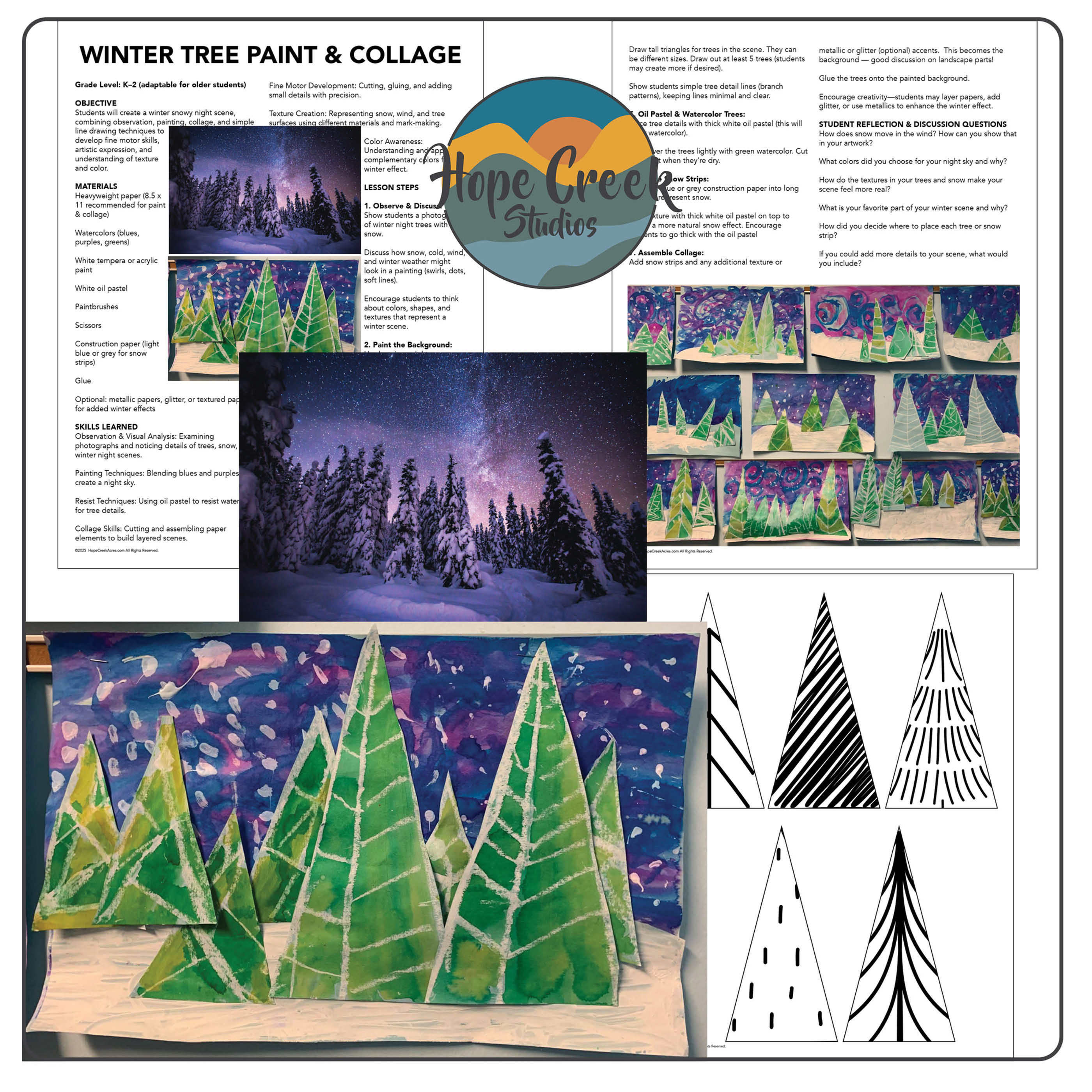 Art Project K–3 Early Elementary Winter Night Trees Landscape Collage Lesson