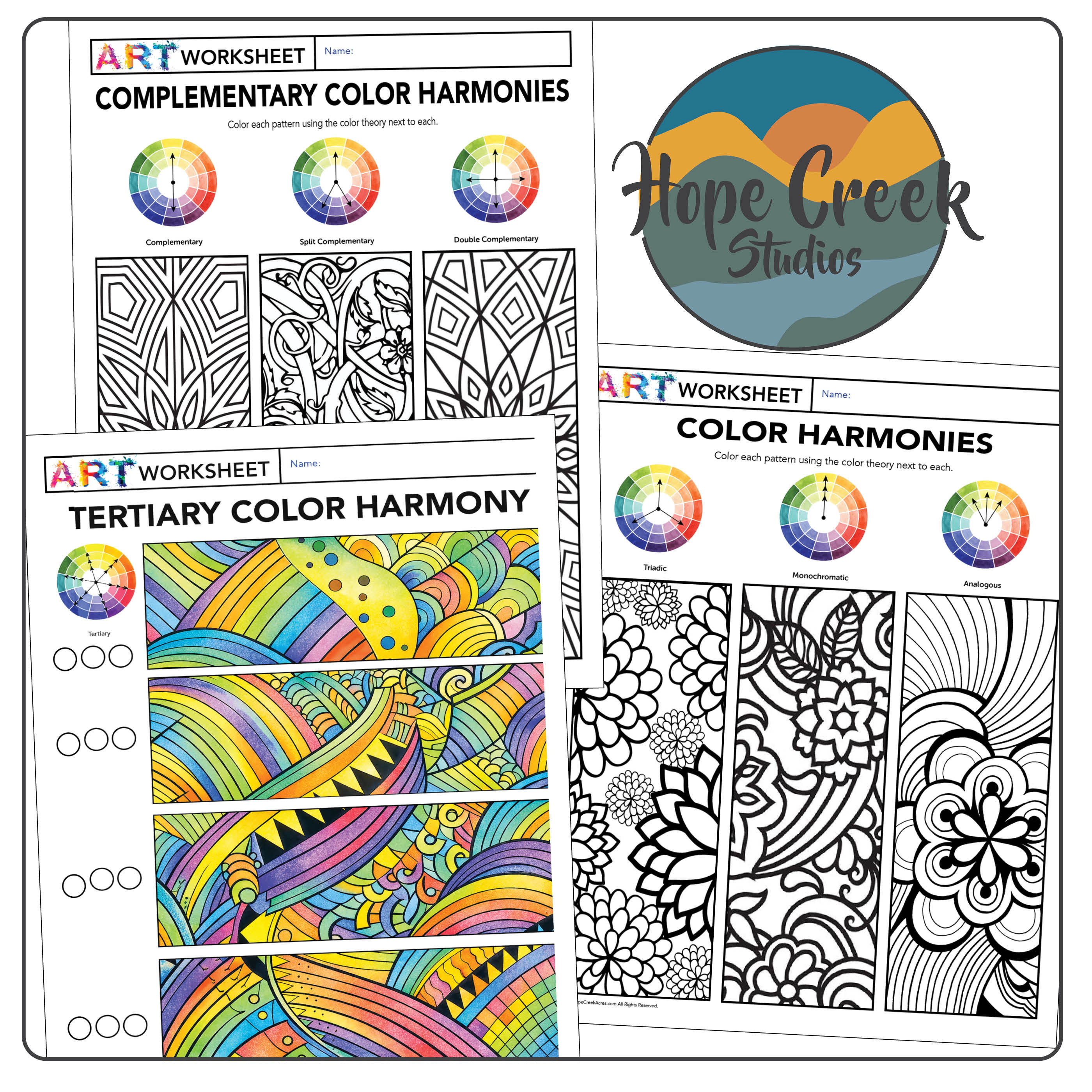 Art Color Wheel Theory Complementary Harmonies Worksheet Sub Plan Activity Pages