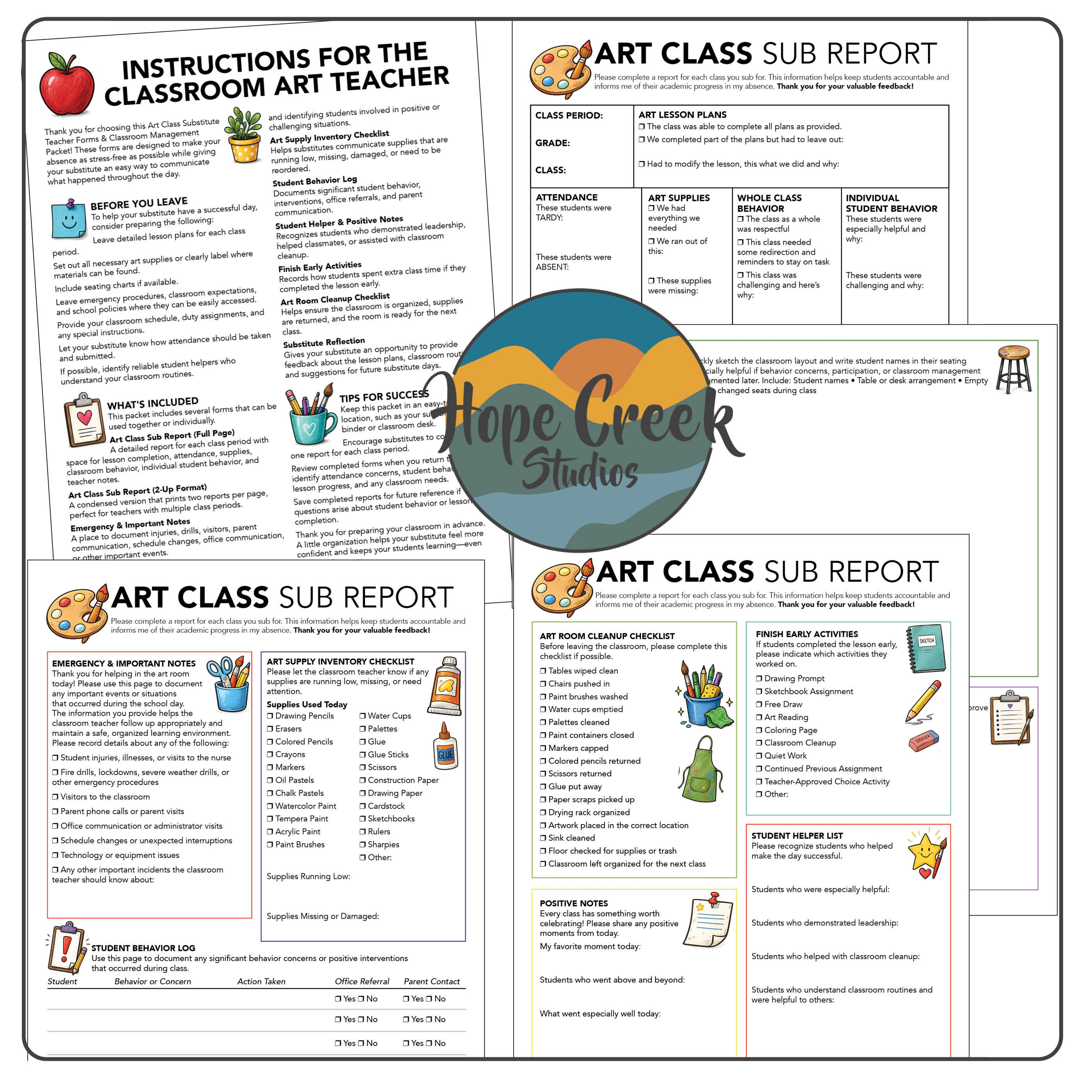 Art Class Room Substitute Teacher Sub Plan Lesson Assessment Chart Form Report