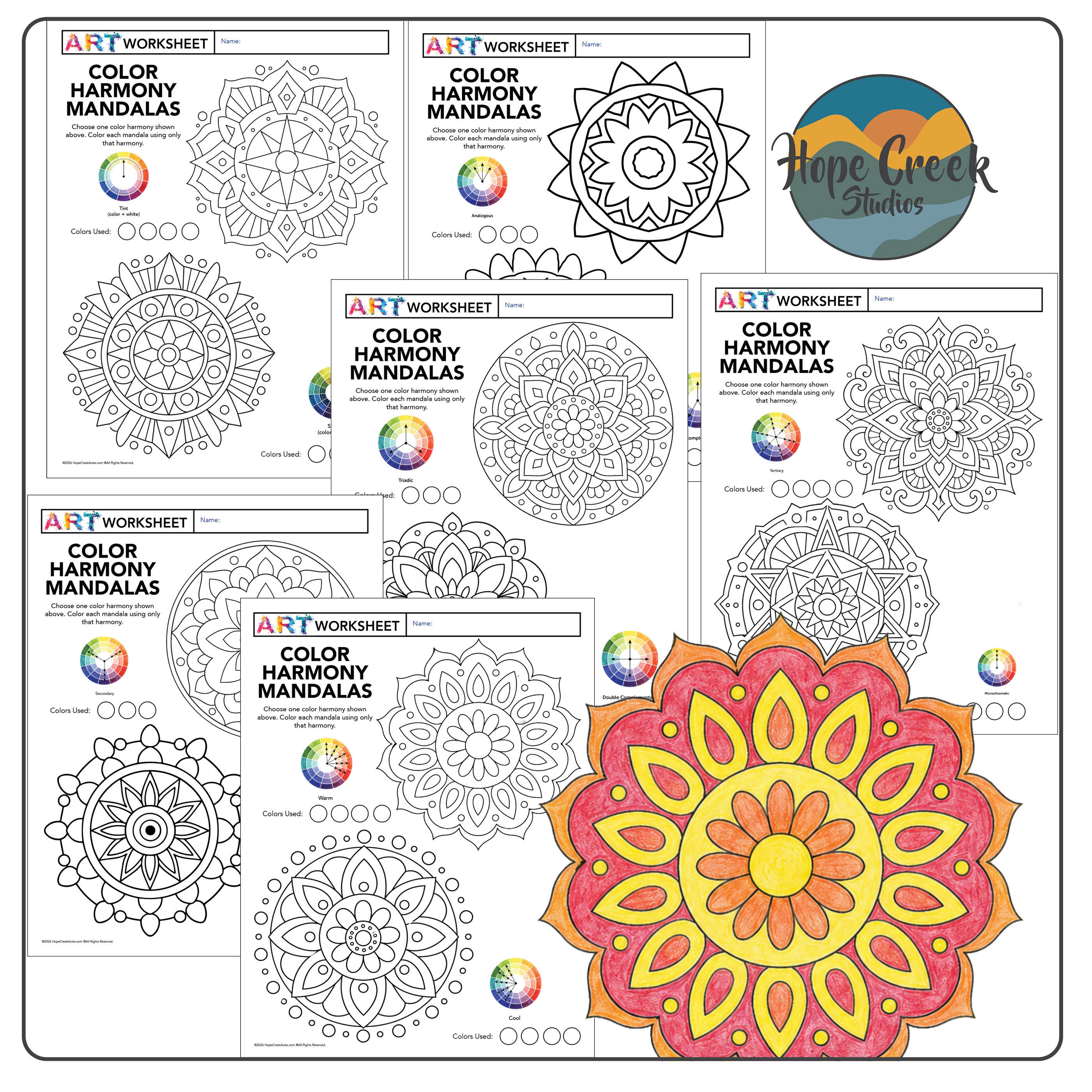 Color Harmony Radial Mandala Worksheets | Theory Coloring Activity | Art Lesson