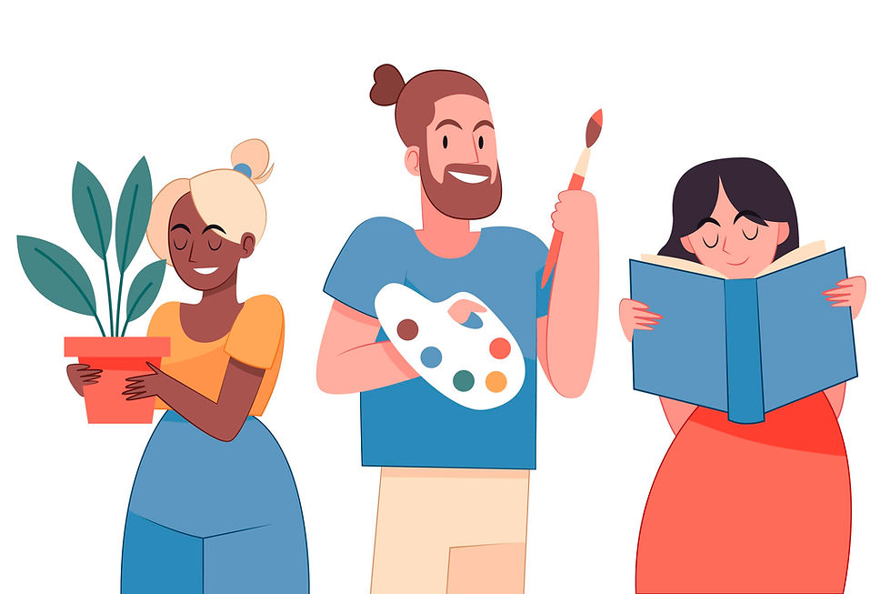Three people: one holding a potted plant, another with a paintbrush and palette, and a third reading a book. Bright, cheerful colors.