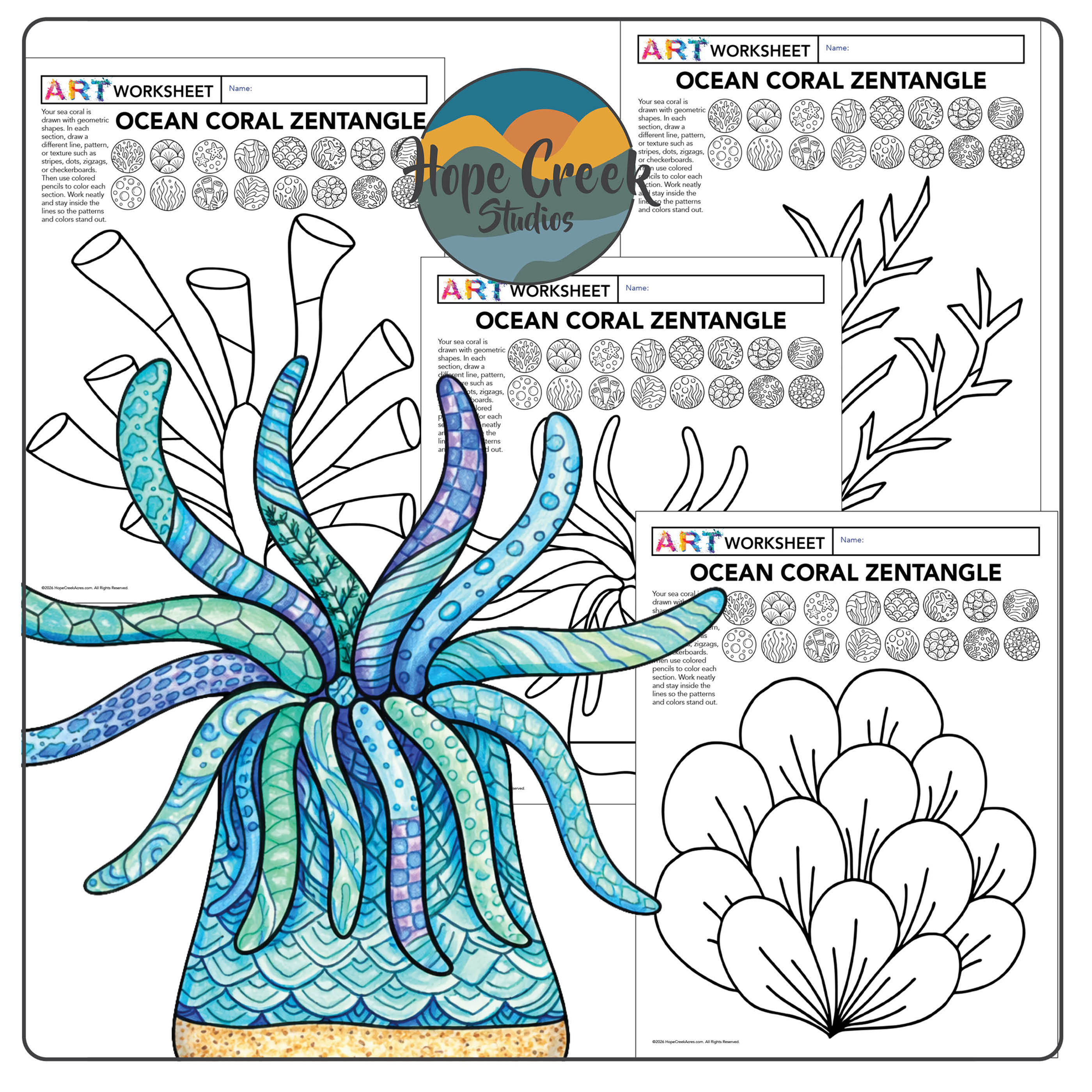 Ocean Coral Zentangle Coloring Pages | Sea Life Art Activity | Pattern Texture