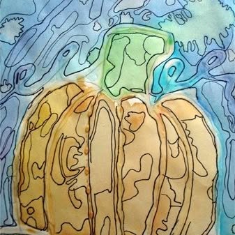 project example- watercolor pumpkin with contour lines traced