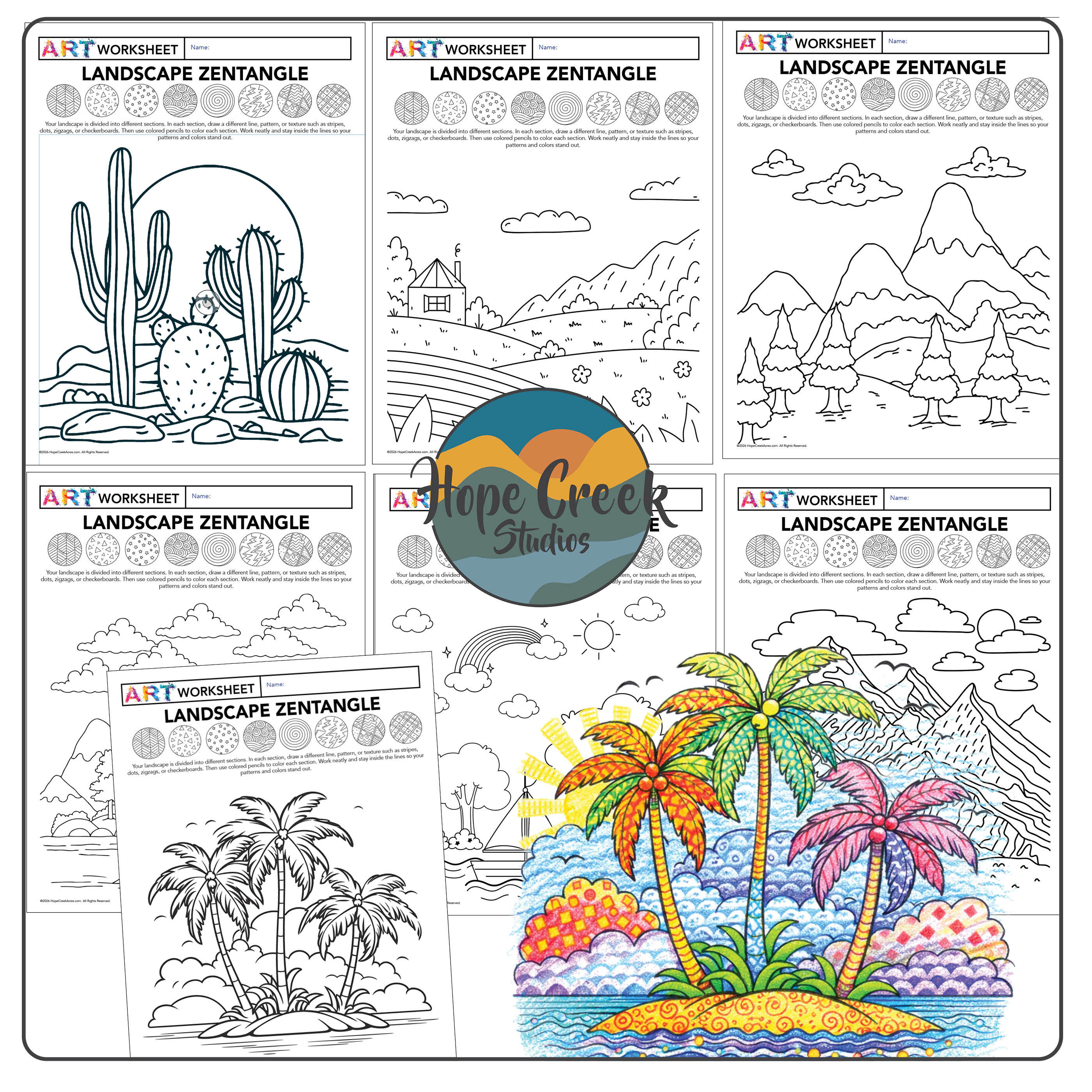 Landscape Zentangle Coloring Pages | Nature Art Drawing | Line Pattern Texture