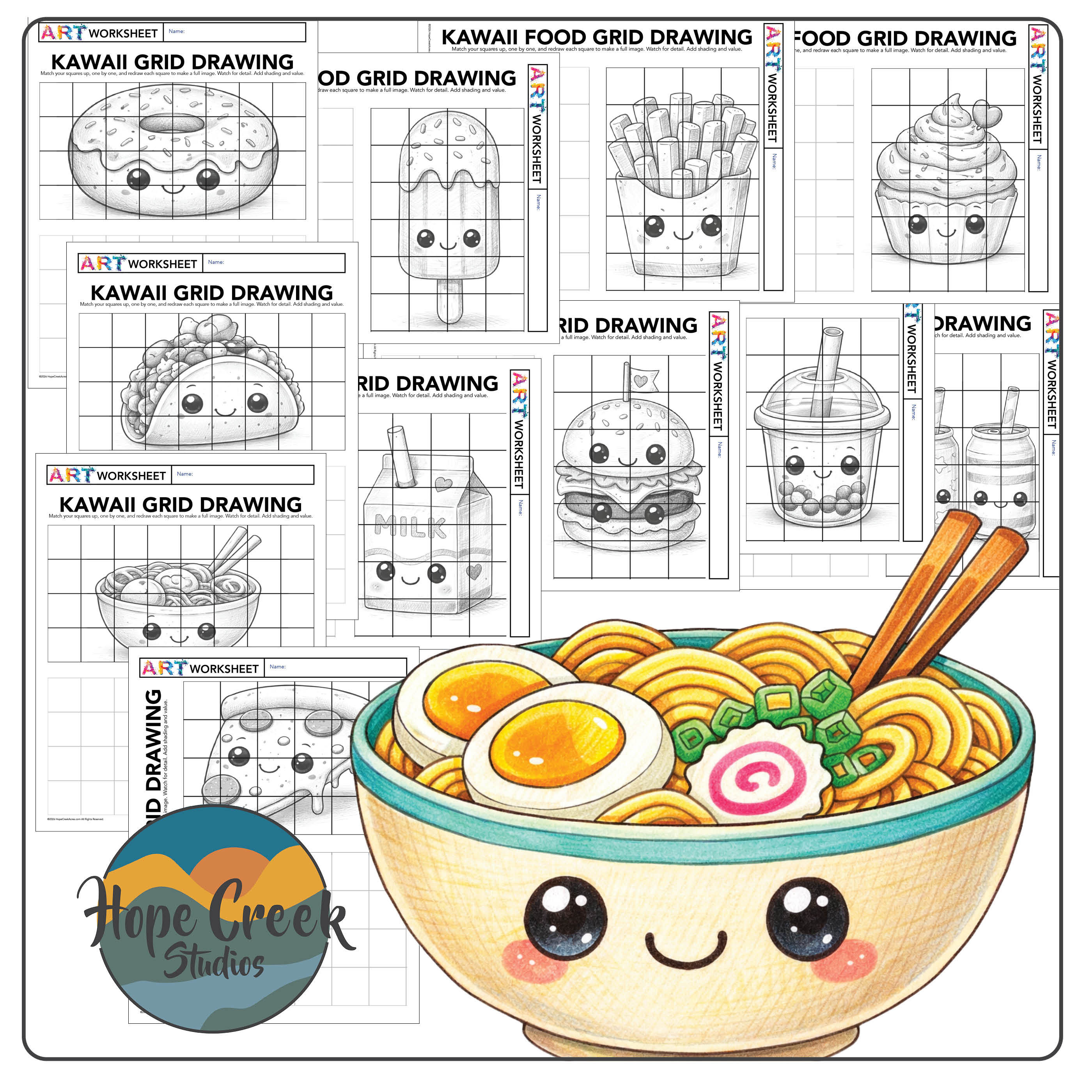 Kawaii Food Drawing Activity – Grid Drawing Worksheets for Art Class & Sub Plans