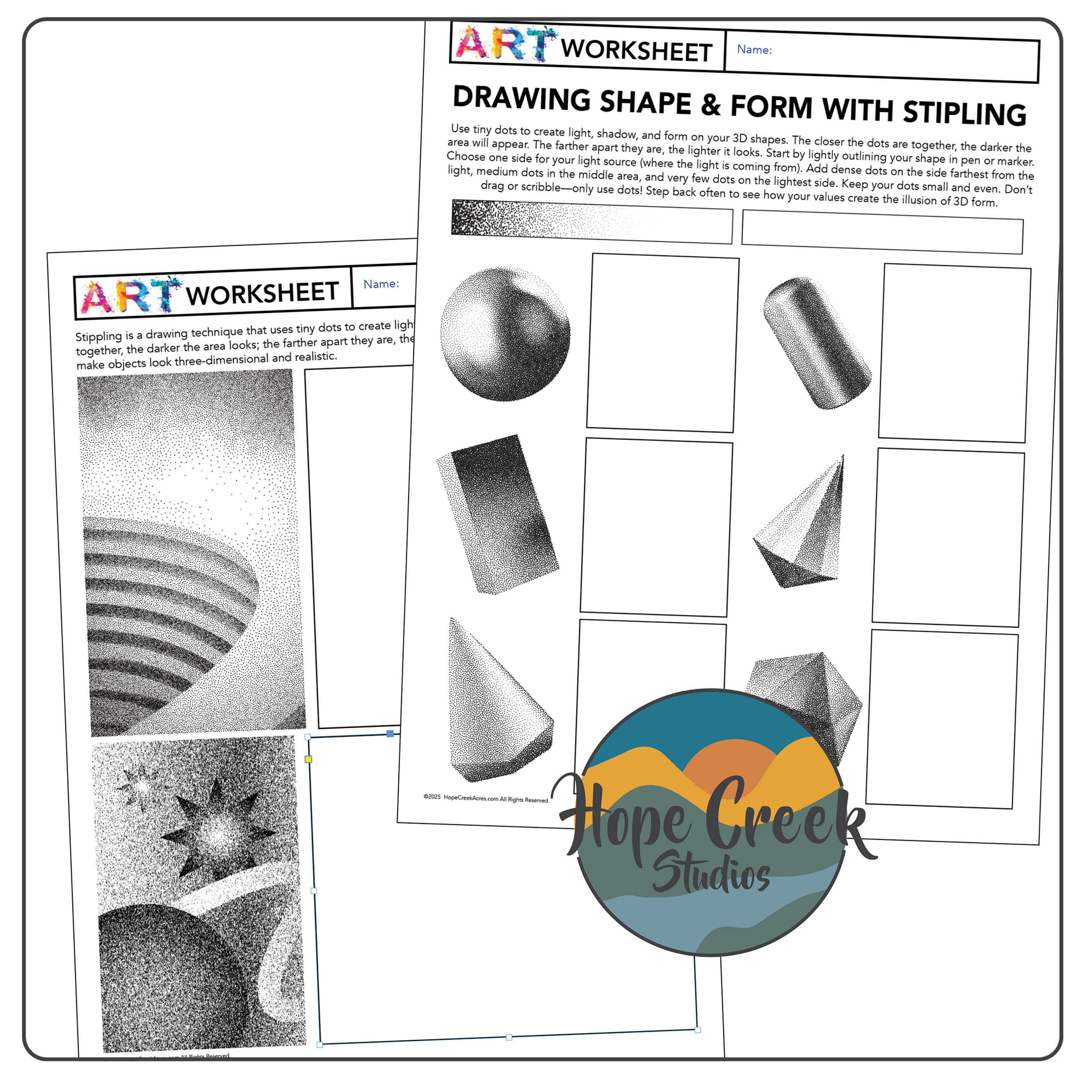 Art Stippling 3D Shapes – Pen and Ink Value & Form Drawing Skill Technique Pages